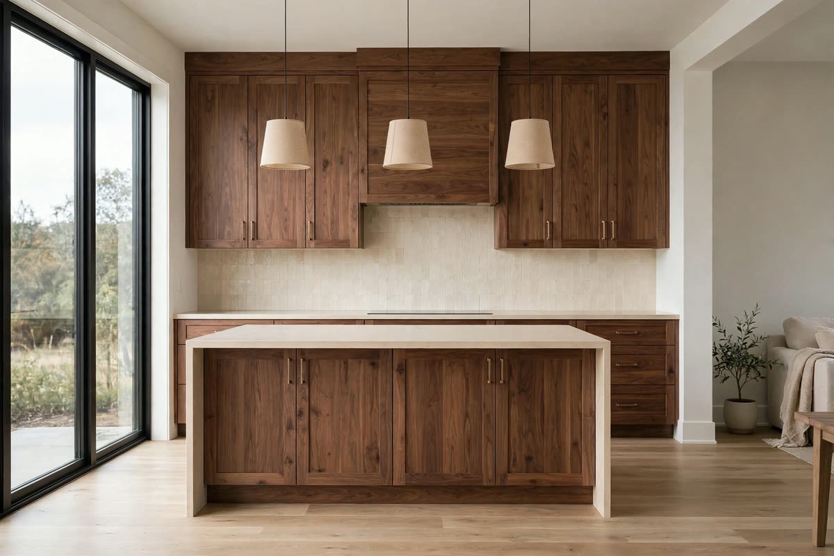 Concept rendering of a kitchen in Hearth and Oak, stained walnut cabinets and cream counters.