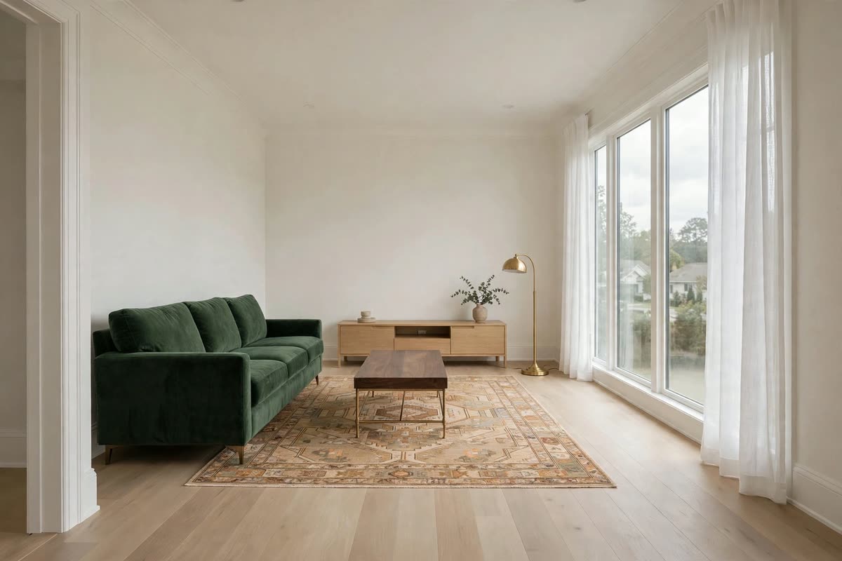 Concept rendering of a great room in Midnight Brass, a deep green velvet sofa and brass lamp by a wall of windows.